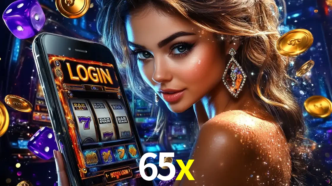 Mulher glamorosa segurando um smartphone com a tela de login para os jogos de caça-níqueis do cassino online 65x, com moedas de ouro e dados ao redor.